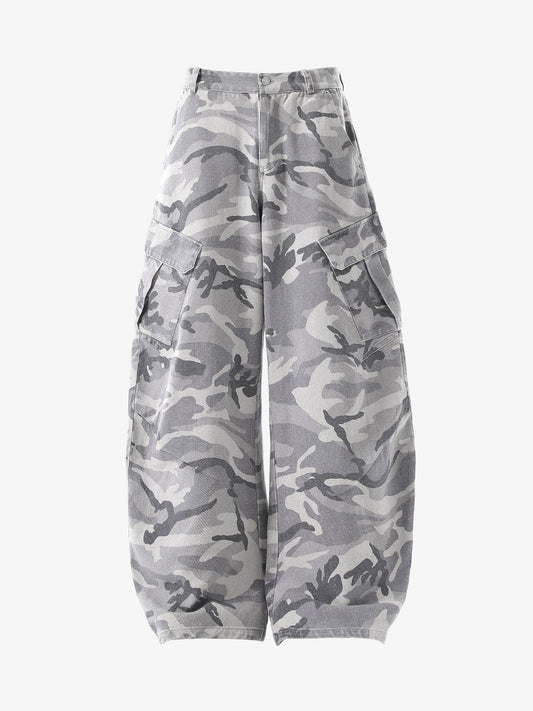 Snow Camouflage Machete Wide-Leg Cargo Barrel Pants - 2548 