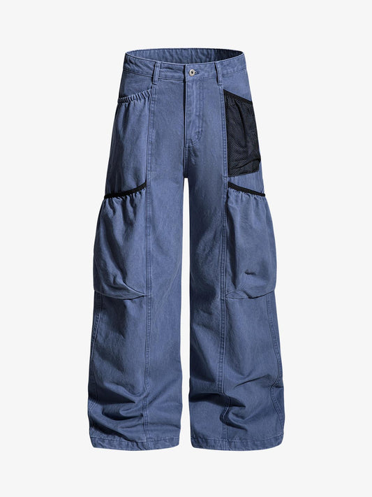 Industrielle graue Cargohose mit Mesh-Patchwork und mehreren Taschen