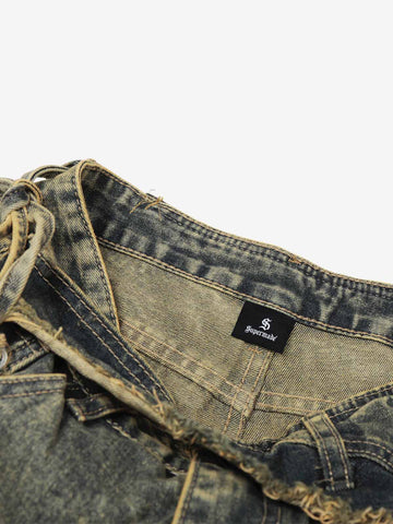 Layered Waist Tie Detail Vintage Wash Jeans 