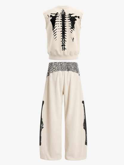 Unisex waffle-print street casual suit, featuring a skull-print sleeveless top and leopard-print patchwork wide-leg pants. 