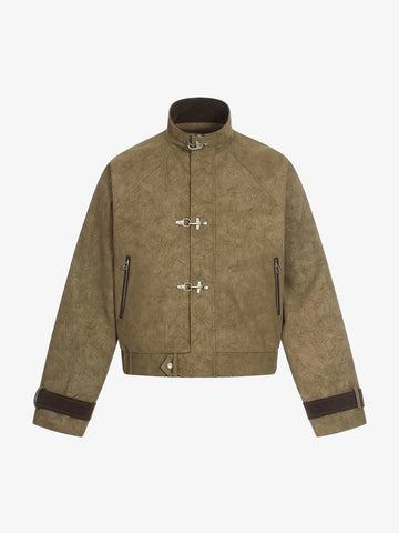 Textured Faux Leather Stand Collar Metal Buckle Jacket 