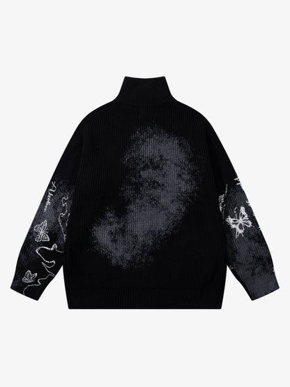 Ink-Splashed Butterfly Jacquard Zip Knit Sweater 