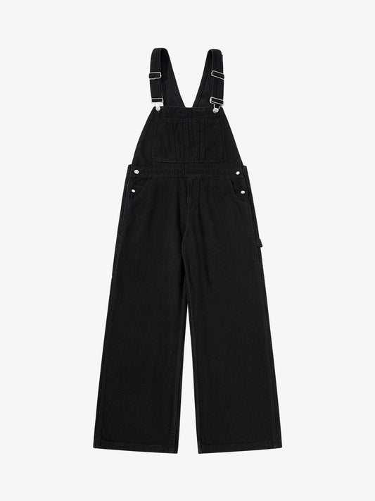 Vintage Contrast Stitch Raw Indigo Denim Wide-Leg Overalls 
