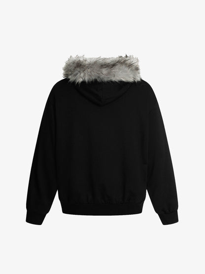 Detachable Fur Collar Printed Cardigan Half-Zip Hoodie 