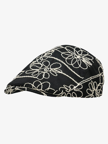 Floral Embroidered Cotton Flat Cap 
