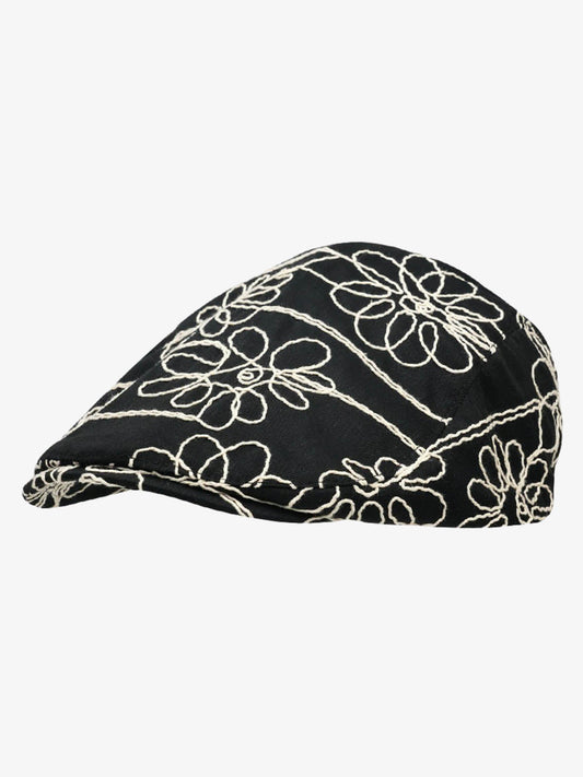 Floral Embroidered Cotton Flat Cap 