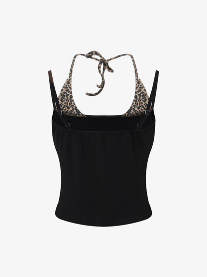 Leopardenmuster-Haltertop – Stretch-Baumwolle mit goldenen Ziernieten