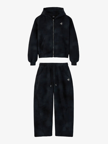 Vintage Washed Tie-Dye Zip Up Hoodie & Barrel Sweatpants Tracksuit 