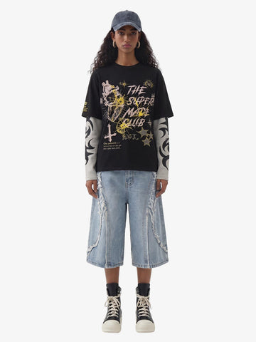 Hip-Hop Punk Faux Two-Piece Long-Sleeved T-Shirt - 2457 
