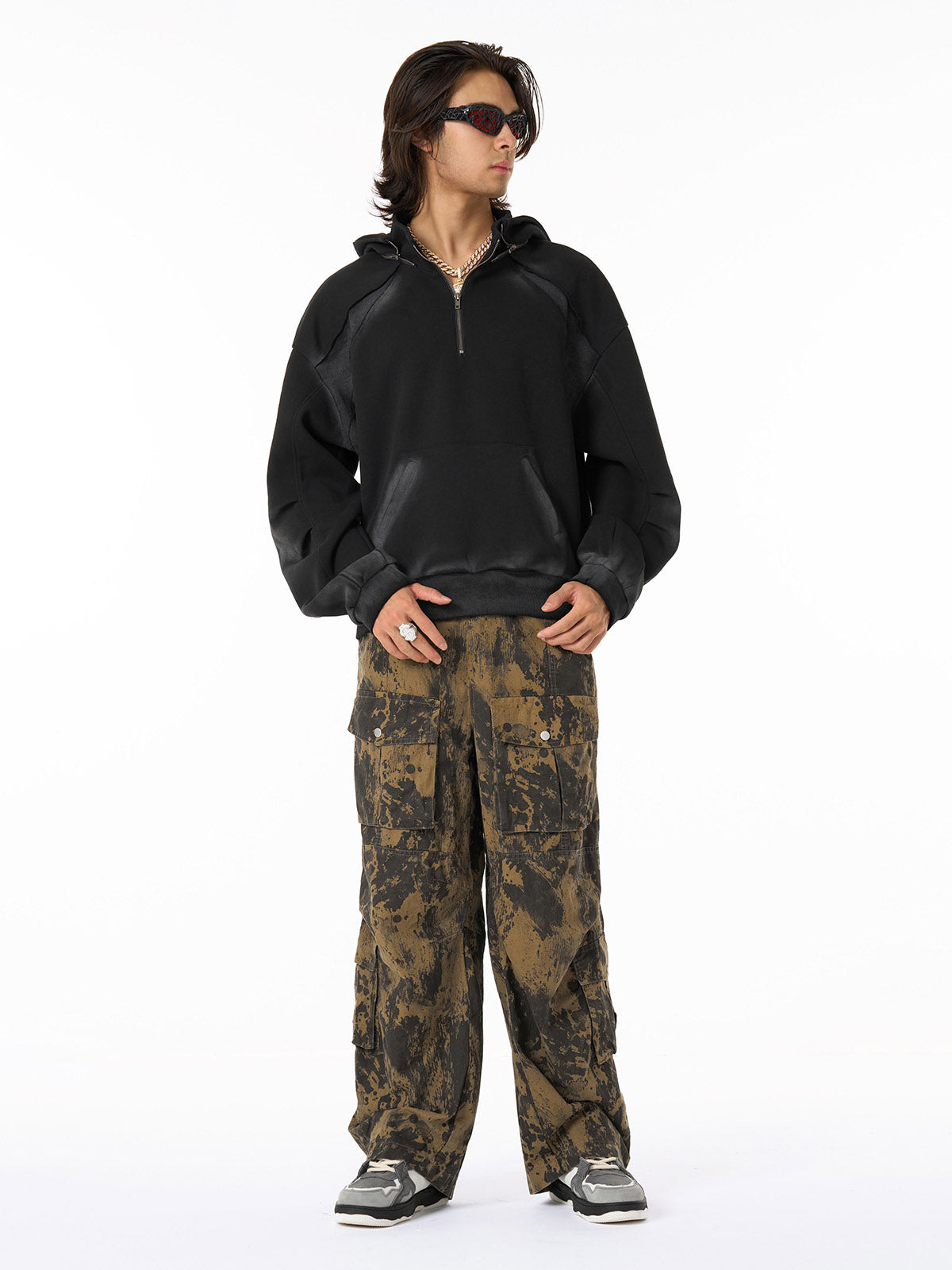 Distressed Stand Collar Stitching Spray Paint Quarter Zip Hoodie 