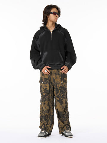 Distressed Stand Collar Stitching Spray Paint Quarter Zip Hoodie 