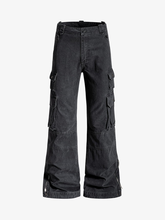 Vintage Washed Multi-Pocket Adjustable Strap Flare Cargo Pants 