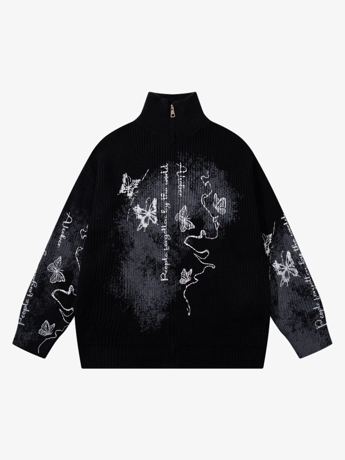 Ink-Splashed Butterfly Jacquard Zip Knit Sweater 