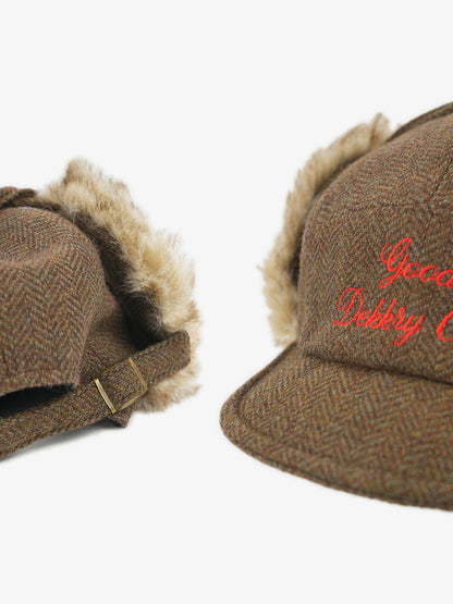 Retro Tweed Plush Earflap Embroidered Letter Cap 