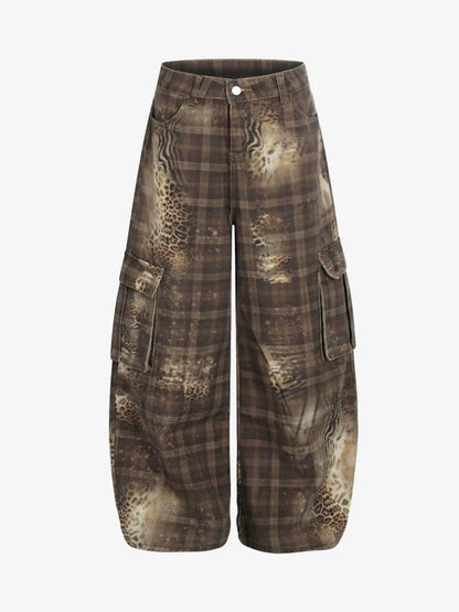 Plaid Leopard Print Cargo Barrel Jeans 