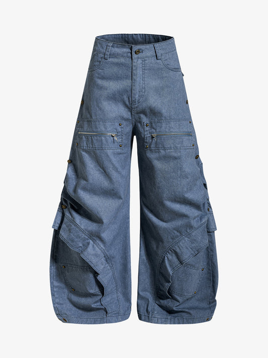 Pleated Panel Curved Leg Cargo Cotton Pants 