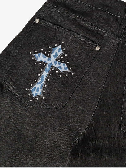 Schwarze Jeans mit weitem Bein – Hochgeschnittene, locker sitzende Baumwolljeans