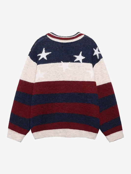 Retro Star Patchwork Striped V-Neck Polo Sweater 