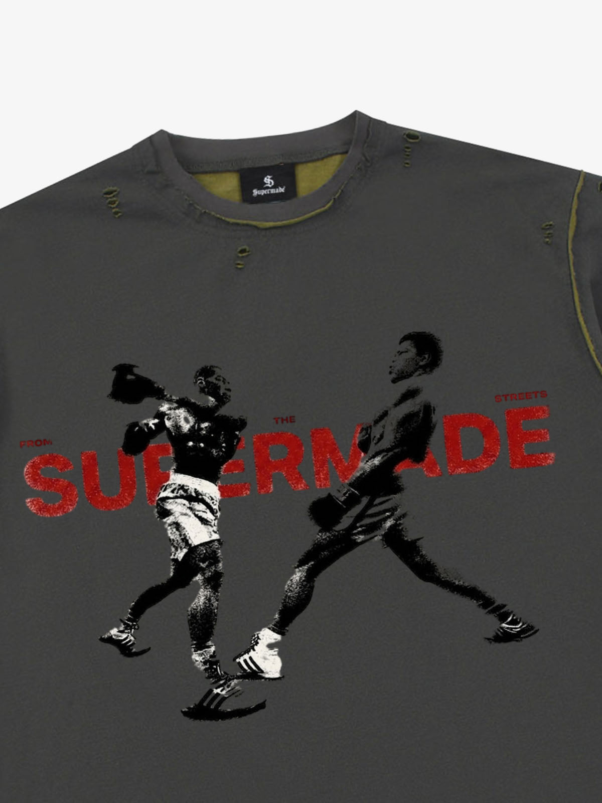 Black Distressed Graphic T-Shirt with Boxing Print – Relaxed Fit Streetwear Tee