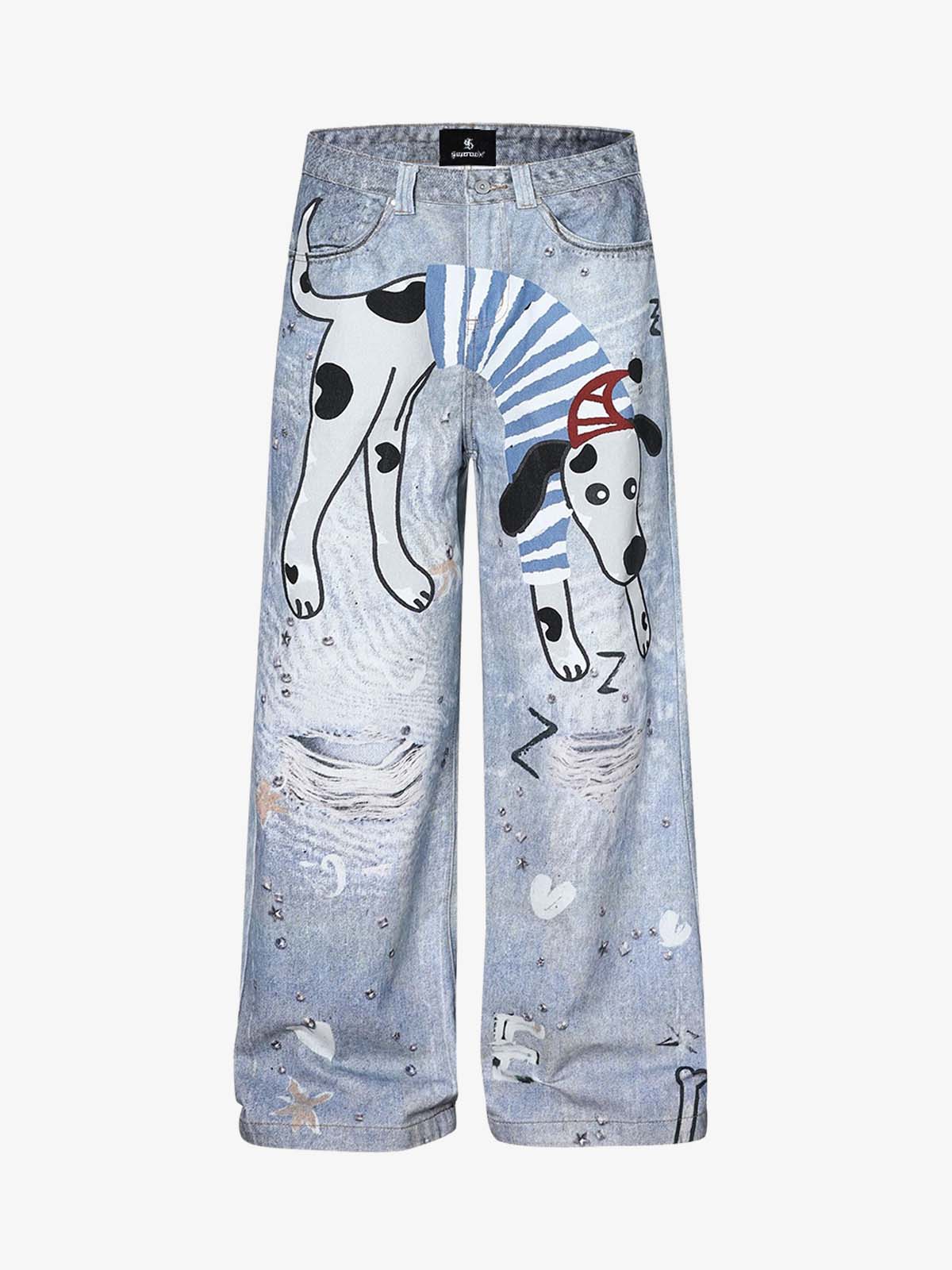 Cartoon Dalmatian Dog Graphic Distressed Washed Jeans 