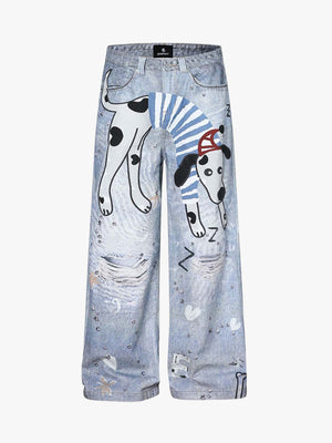 Cartoon Dalmatian Dog Graphic Distressed Washed Jeans 