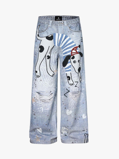 Cartoon Dalmatian Dog Graphic Distressed Washed Jeans 