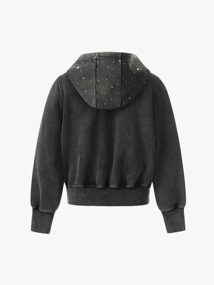 Vintage Washed Symmetrical Star Rhinestone Zip-Up Hoodie 