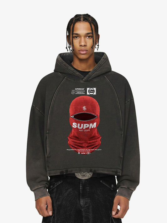 Retro Bandit Hat Graphic Distressed Cropped Hoodie 