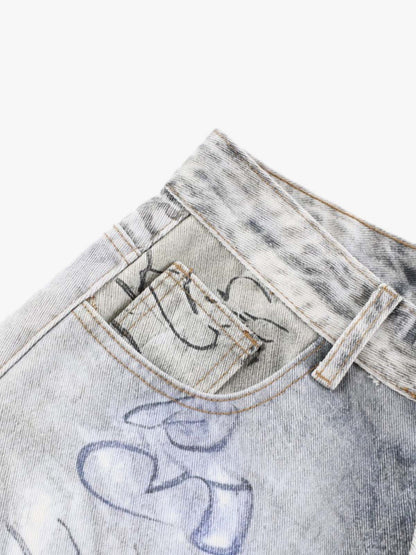 Hand Drawn Scribble Print Baggy Jeans 