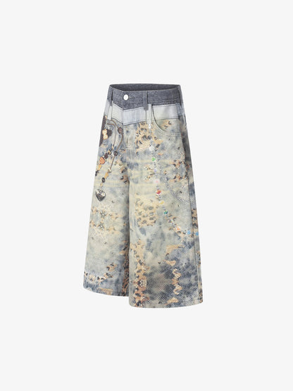 Beaded Chain Denim Culottes – Distressed Wide-Leg Streetwear Shorts