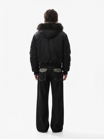 Detachable Faux Fur Collar Ruched Sleeve Bomber Jacket 