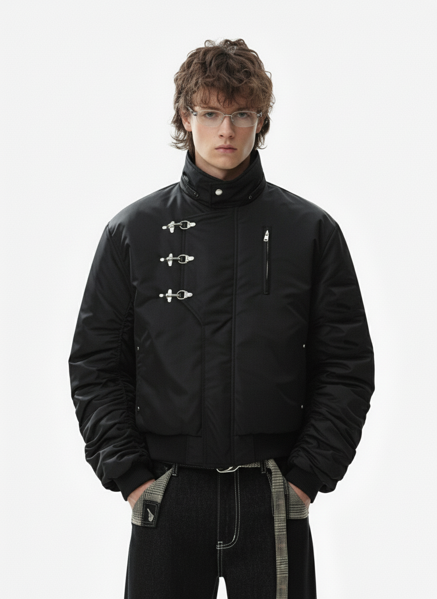 Detachable Faux Fur Collar Ruched Sleeve Bomber Jacket 