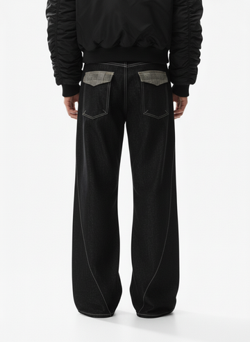 Vintage Plaid-Trim Tape-Belt Jeans 