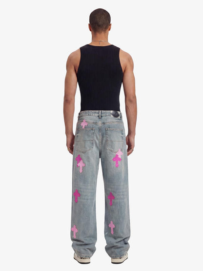 Vintage Washed Cross Patch Straight Leg Denim Jeans - 2605 