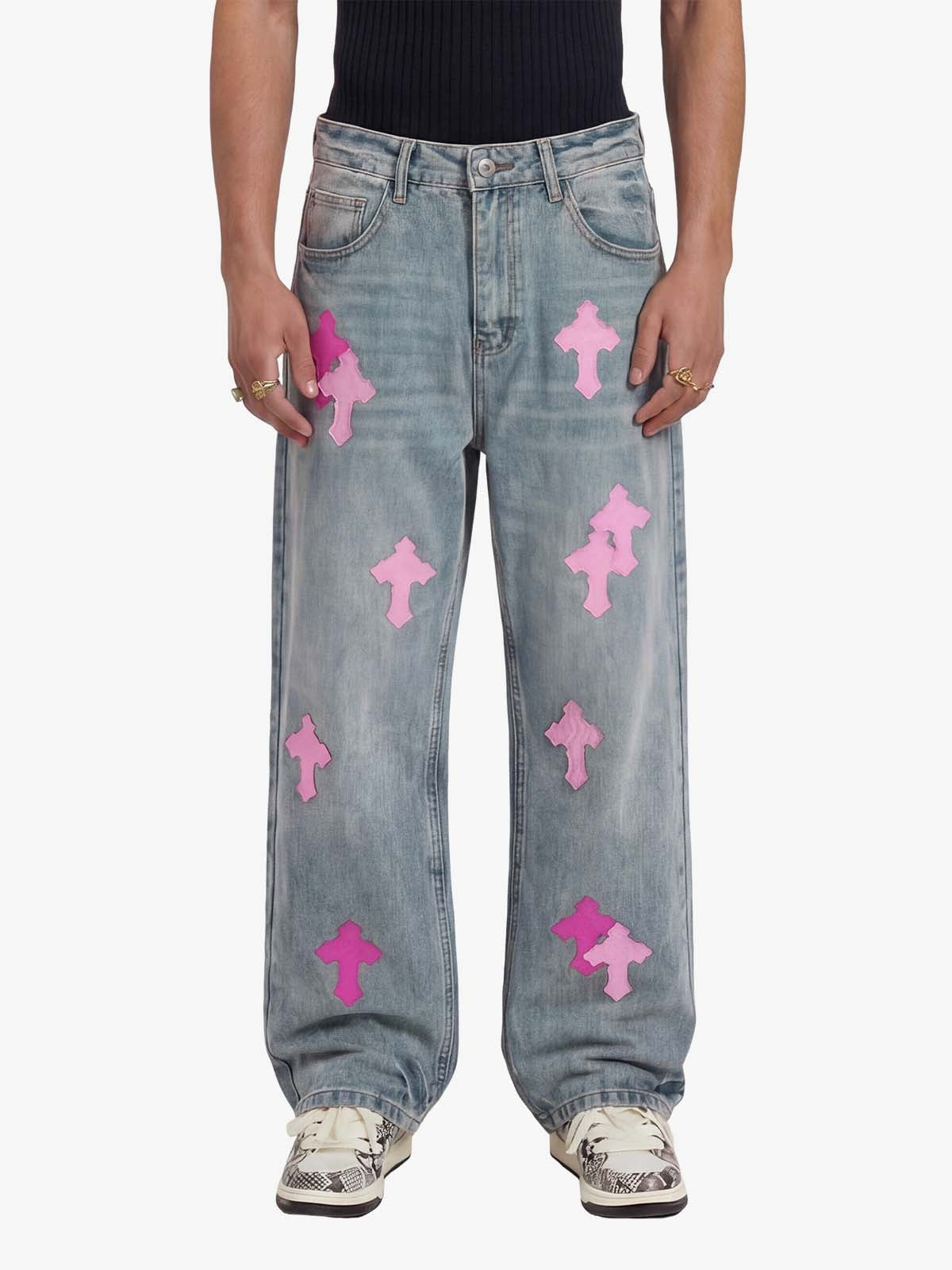 Vintage Washed Cross Patch Straight Leg Denim Jeans - 2605 