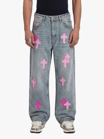 Vintage Washed Cross Patch Straight Leg Denim Jeans - 2605 