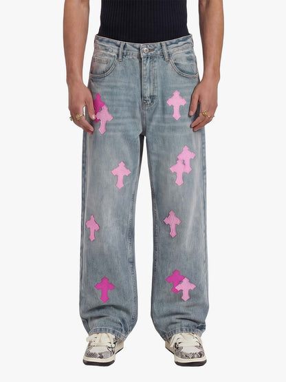 Vintage Washed Cross Patch Straight Leg Denim Jeans - 2605 