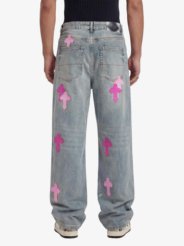 Vintage Washed Cross Patch Straight Leg Denim Jeans - 2605 