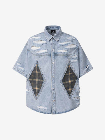Retro Washed Plaid-Paneled Distressed Denim Set 
