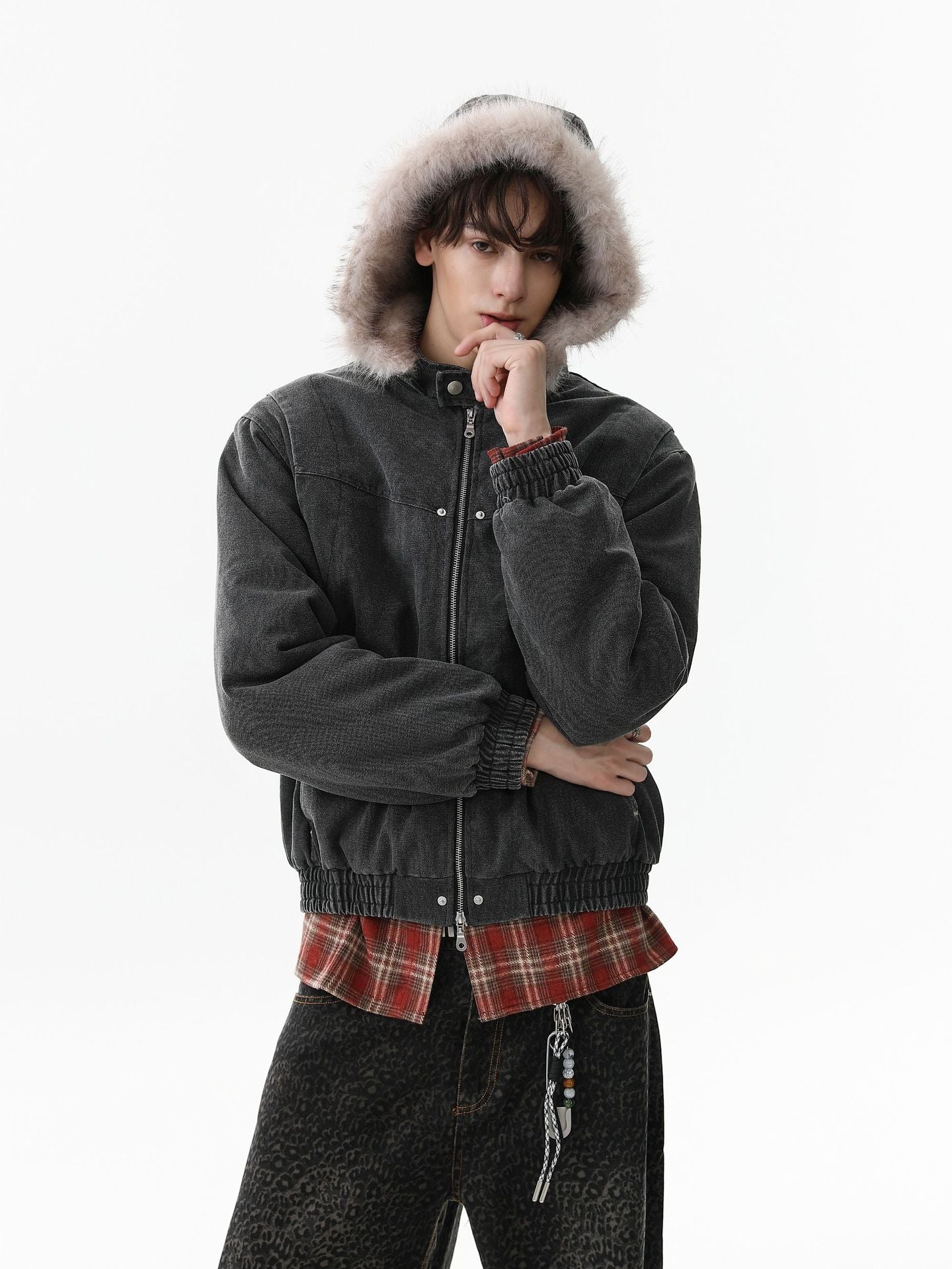 Street Outdoor Detachable Fur Collar Fleece Hooded Padded Jacket 