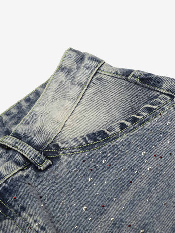 Rhinestone Distressed Denim Bermuda Shorts – Wide-Leg Cotton Streetwear Shorts