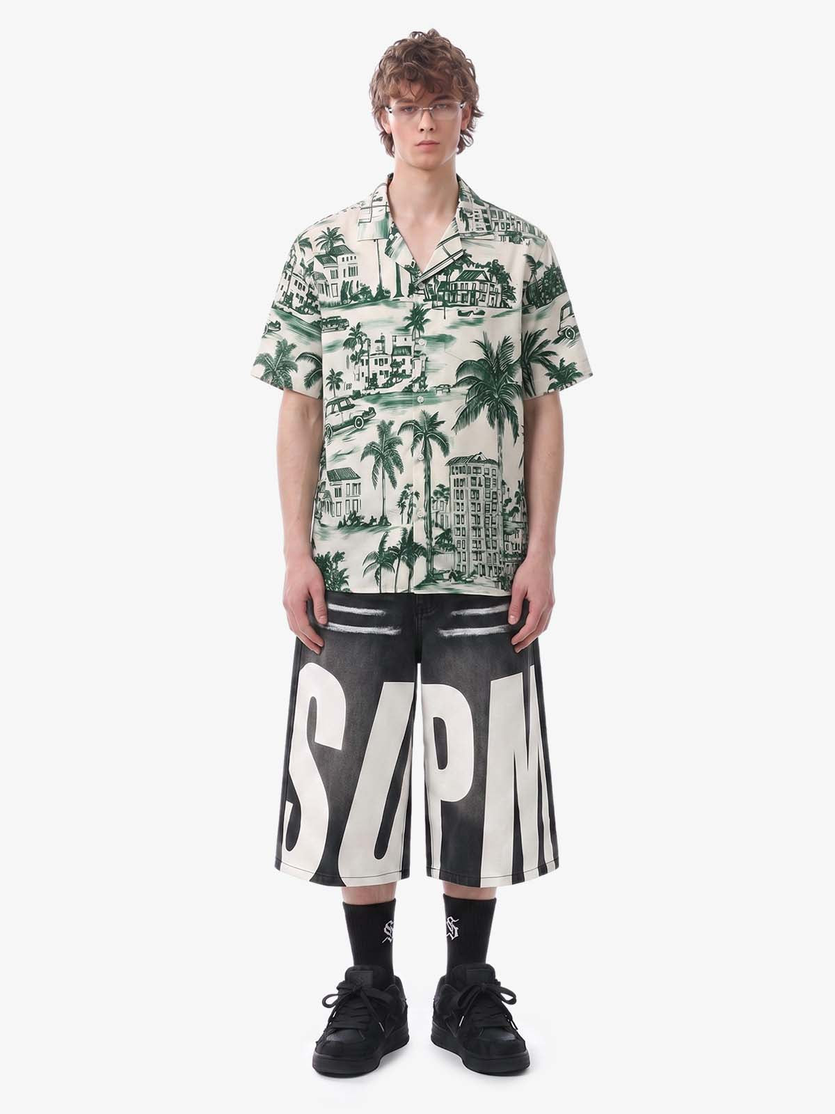 Vintage Green Coconut Tree Camp Collar Boxy Shirt 