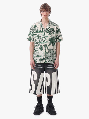 Vintage Green Coconut Tree Camp Collar Boxy Shirt 