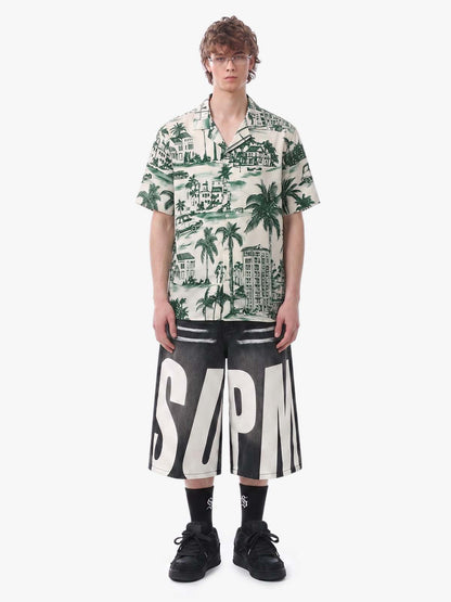 Vintage Green Coconut Tree Camp Collar Boxy Shirt 
