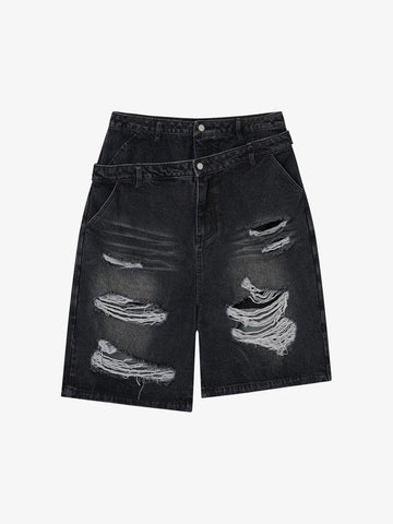 Jeansshorts mit doppeltem Bund und Rissen