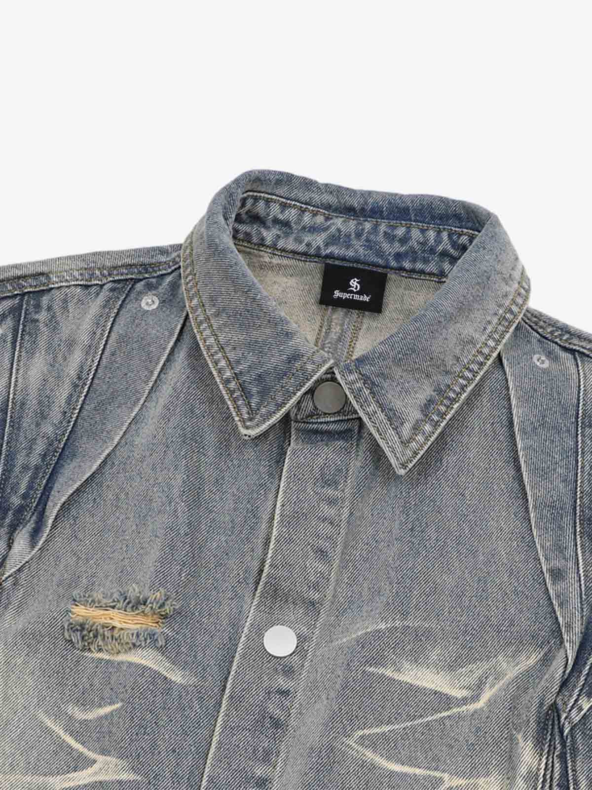 Washed Black Branch Print Deconstructed Denim Set 