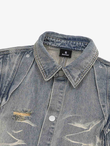 Washed Black Branch Print Deconstructed Denim Set 