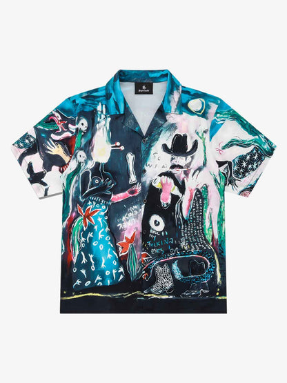 Blue Abstract Oil Painting Camp Collar Boxy Shirt 