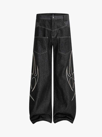Flame Embroidered Wide Leg Washed Denim Jeans 