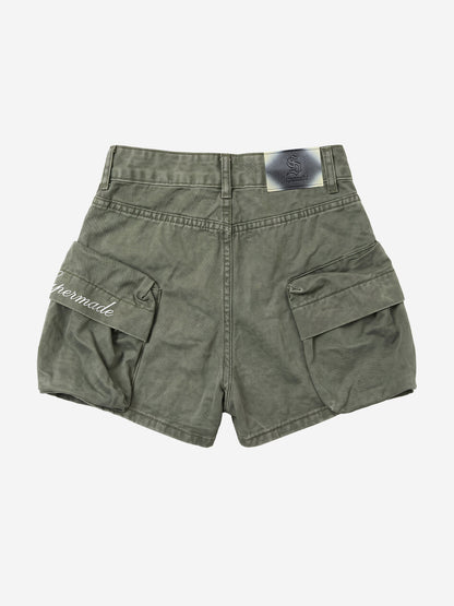 Embroidered Detail Olive Cargo Shorts